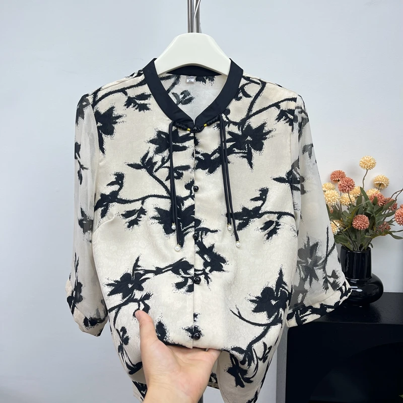 妈妈装夏季新中式衬衫洋气小衫衣服女中老年宽松短袖夏天印花上衣
