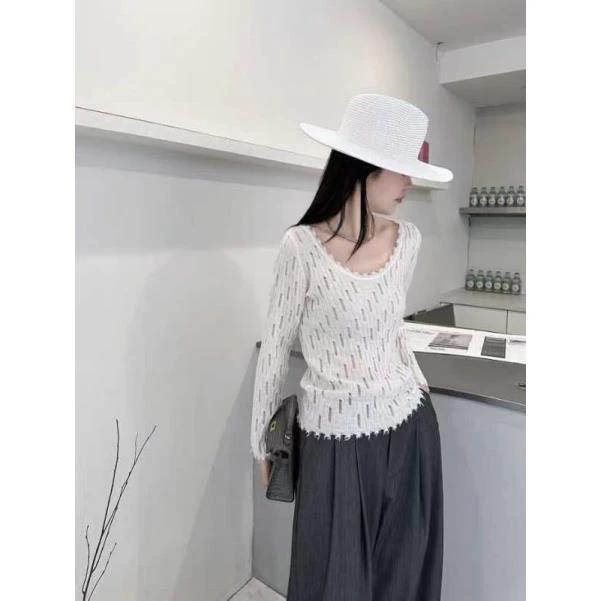 超细羊毛~毛边长袖镂空设计感针织上衣 5459