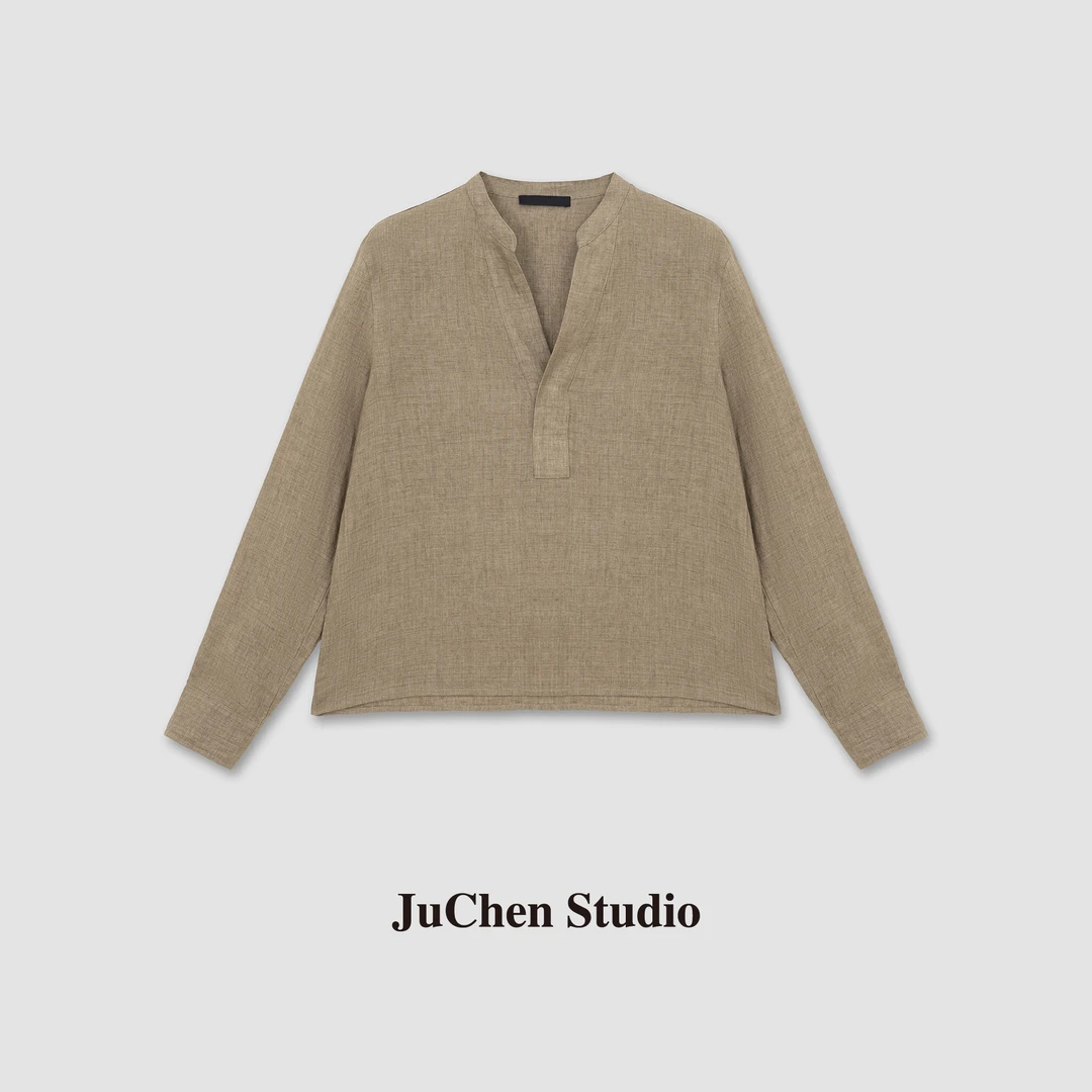 夏日老钱双纱纯亚麻改良中式V领长袖麻衬衫 SS072813