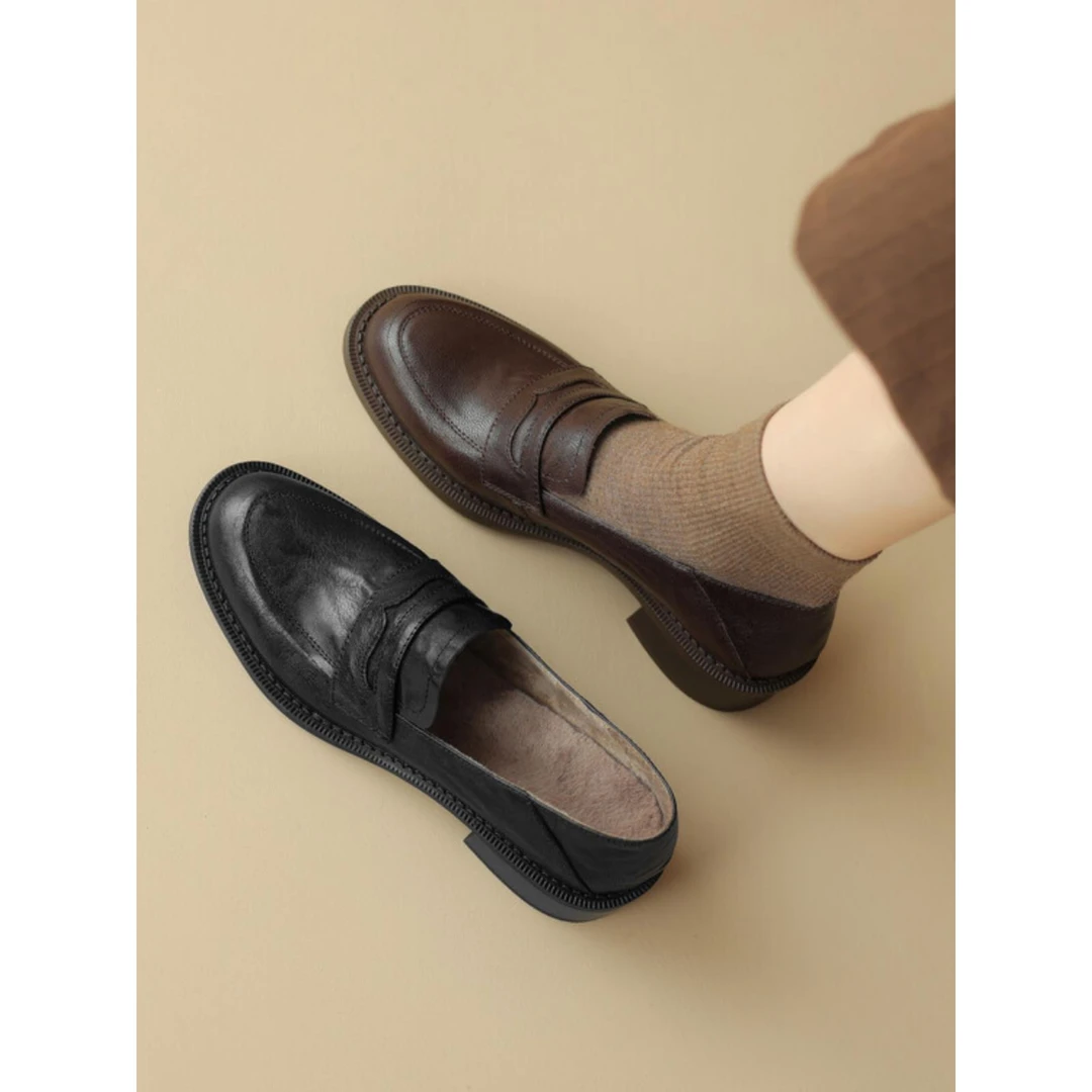 TOUCH MISS软羊皮小皮鞋女25新款冬季加绒法式单鞋超软乐福鞋粗跟