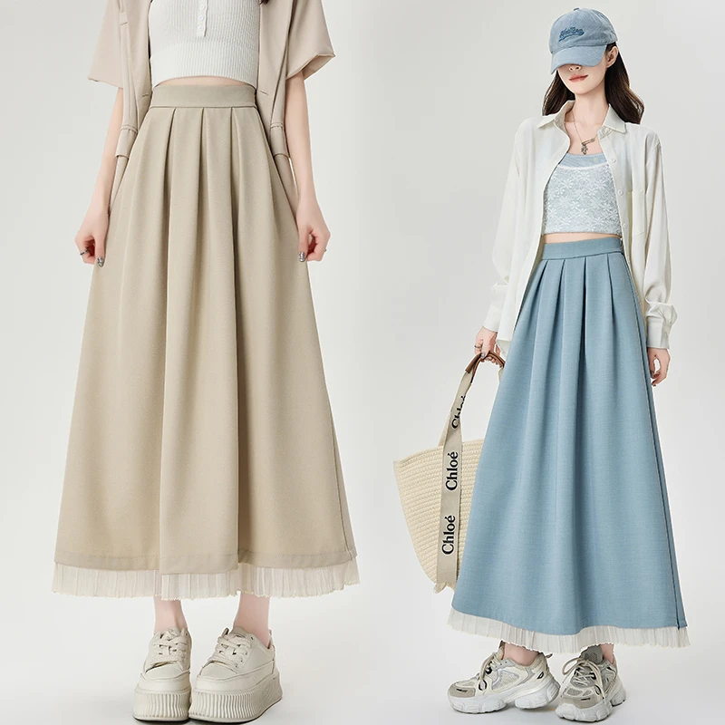 韩系木耳花边西装半身裙女夏季学院风高腰遮胯显瘦百褶裙A字长裙