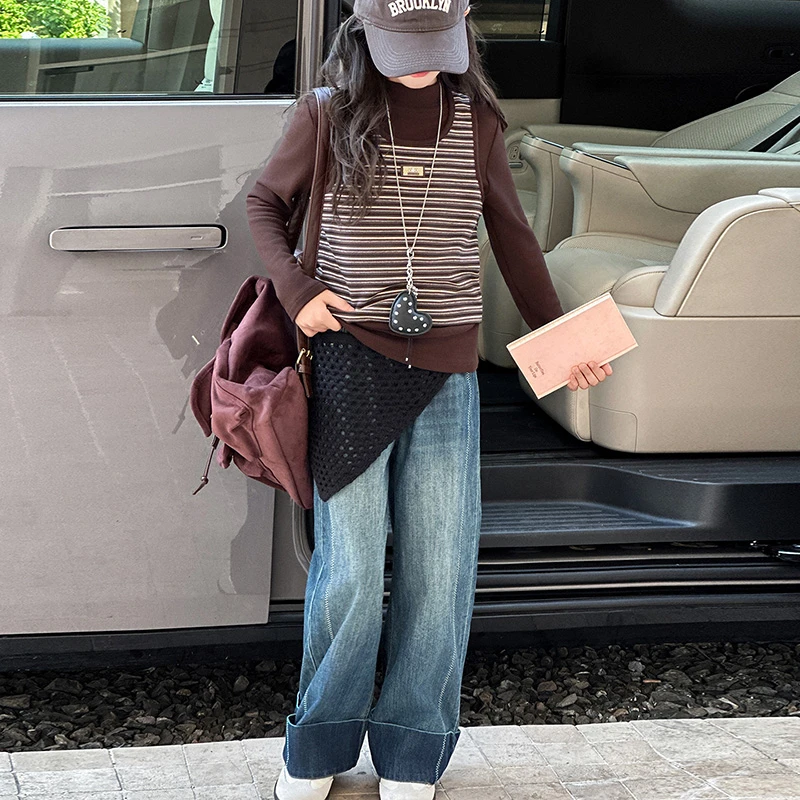 【嘻嘻柚】女童秋款双面德绒条纹马甲牛仔裤三件套2025新款时尚休闲