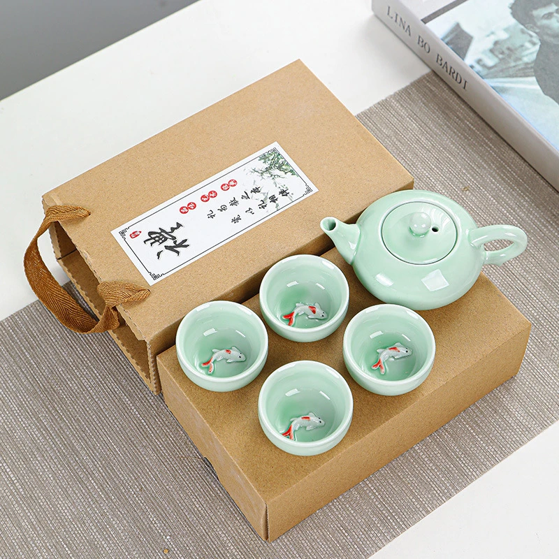 功夫茶具青瓷鲤鱼套装旅游便携式喝茶伴手礼一壶四杯环保礼盒