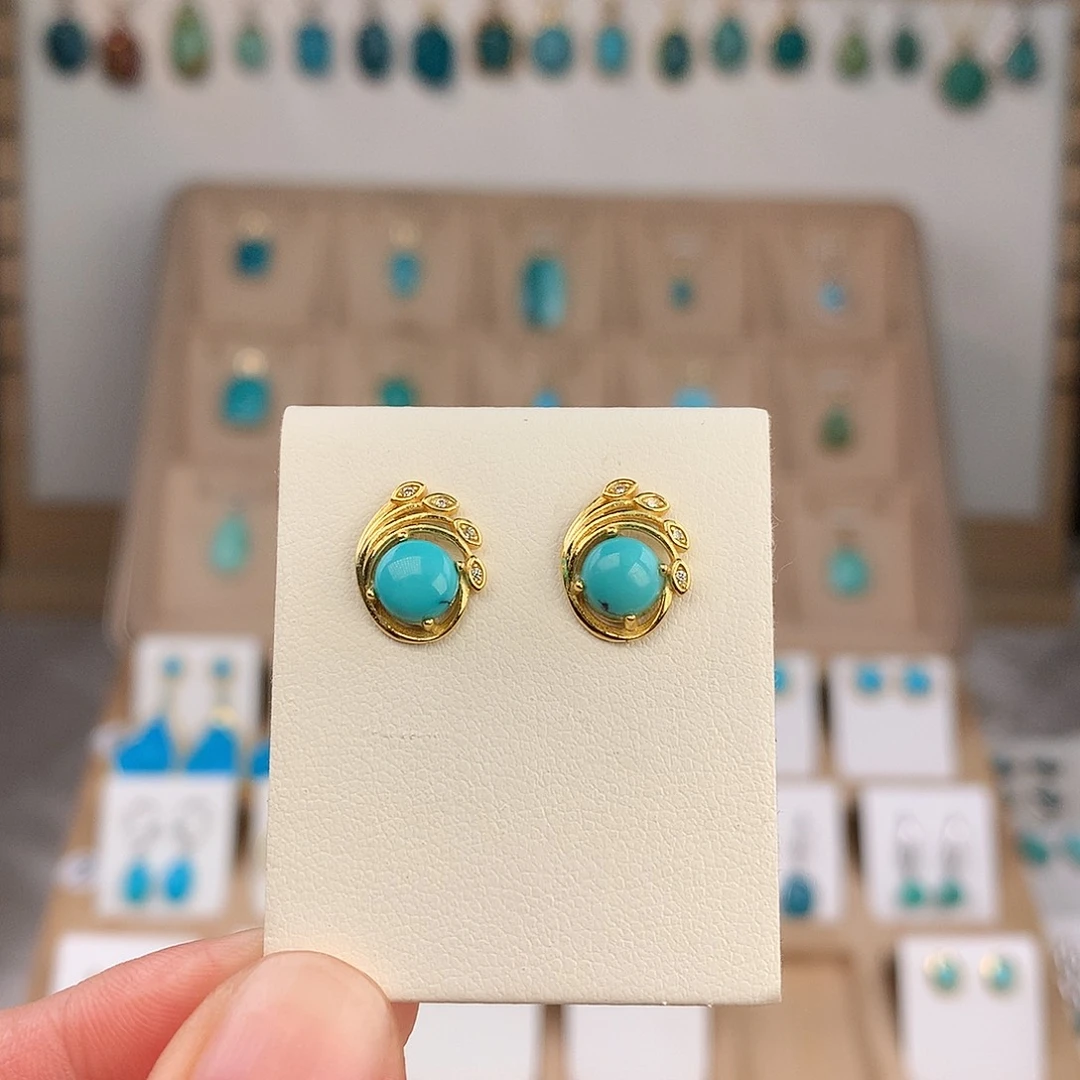 绿松石银S925镶嵌耳饰