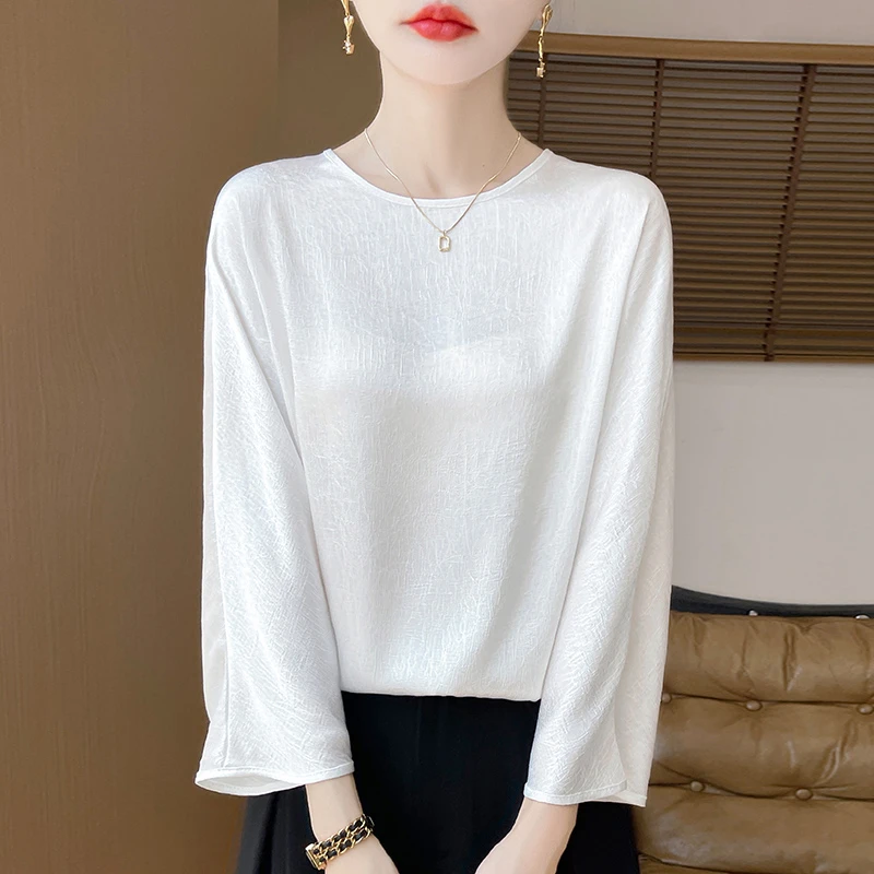 夏季新款简约缎面圆领七分袖女宽松百搭显瘦时尚休闲上衣白色气质