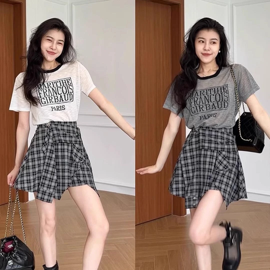 夏装一整套大码胖m短袖T恤上衣格子短裙裤高级减龄两件套装女夏季