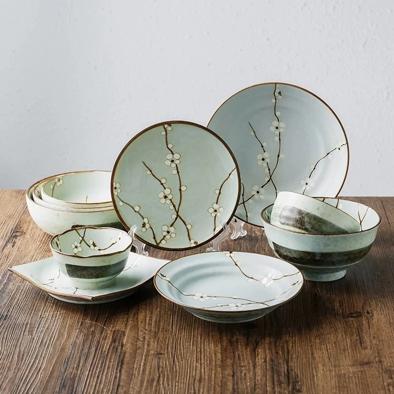 日本进口早春白梅陶瓷饭碗盘碟家用日式复古粗陶餐具盘子面碗汤碗