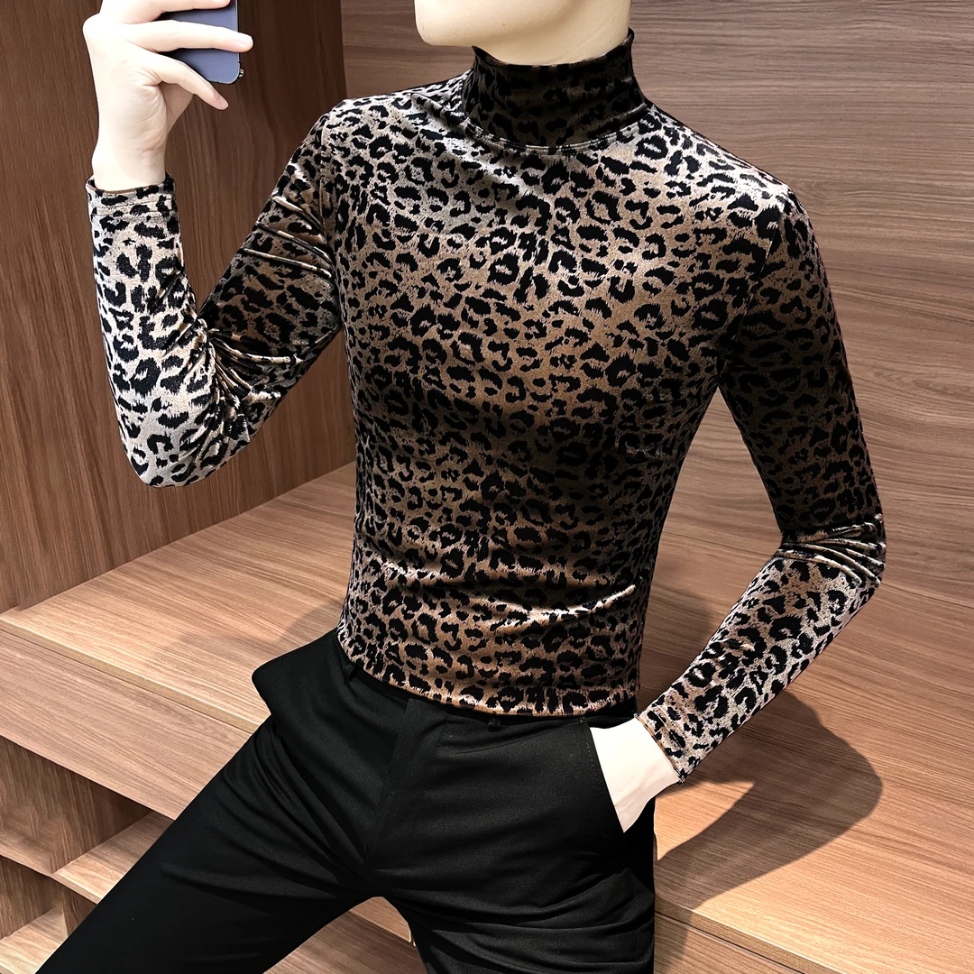 丝绒豹纹打底衫男款秋季爆款2025新款痞帅印花半高领内搭长袖t恤