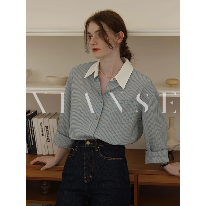 闲色极简风肌理感拼接撞色条纹衬衫女2025秋季新款气质衬衫领衬衣