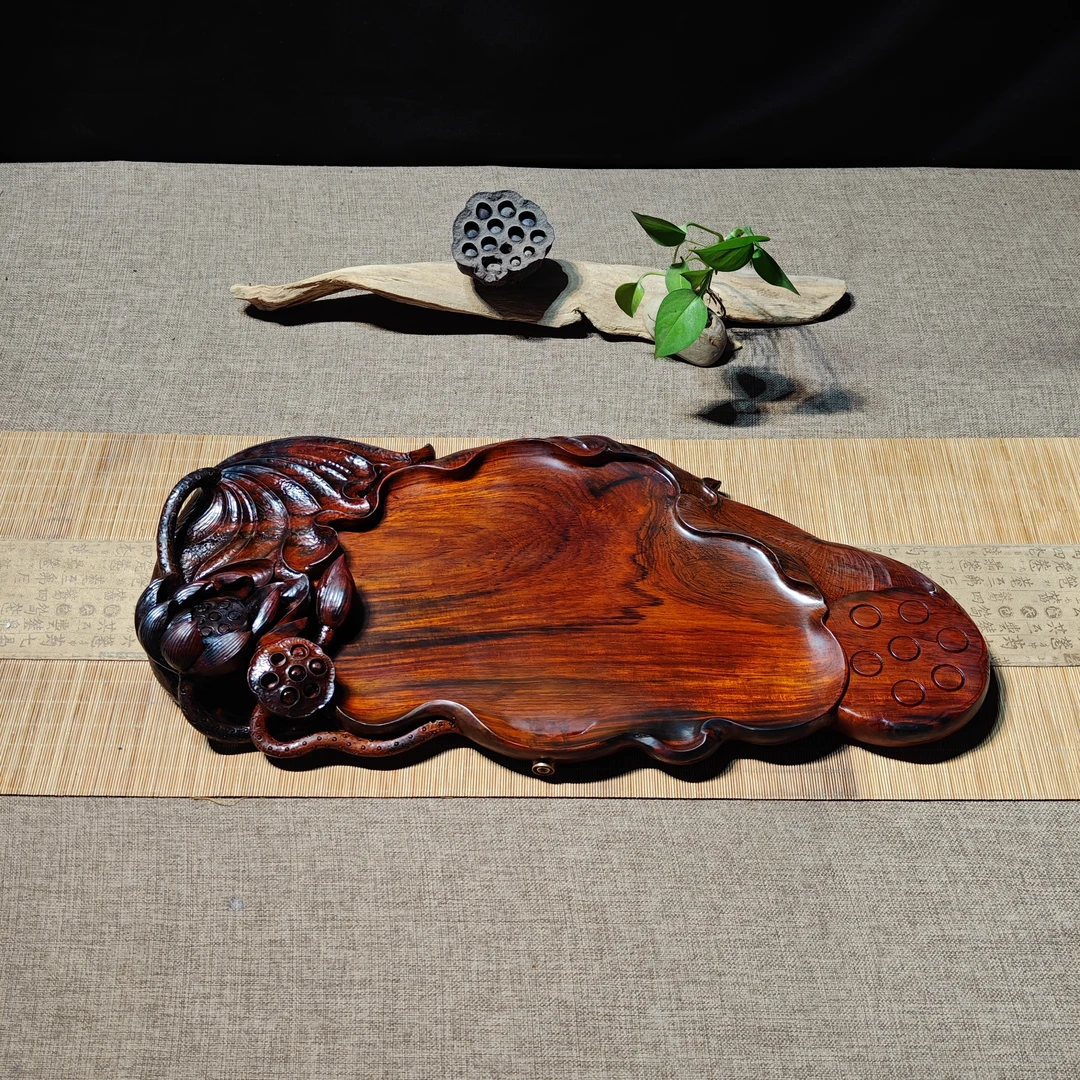 大红酸枝实木茶盘手工雕刻荷叶荷花款茶盘家用高端红木，尺寸55*27