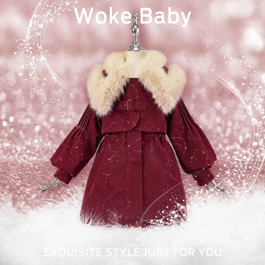 免洗派克服女童冬季新款外套汉服上衣儿童时尚红色连帽收腰V10248