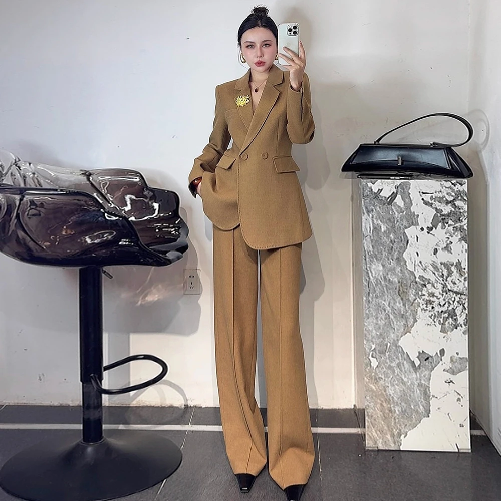 冬季羊毛混纺西装套装女高品职业装干练时尚修身外套阔腿裤两件套