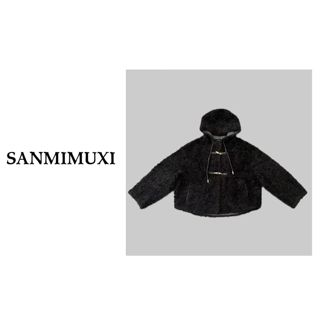 SANMI/叁米  牛角扣连帽毛毛外套  1817