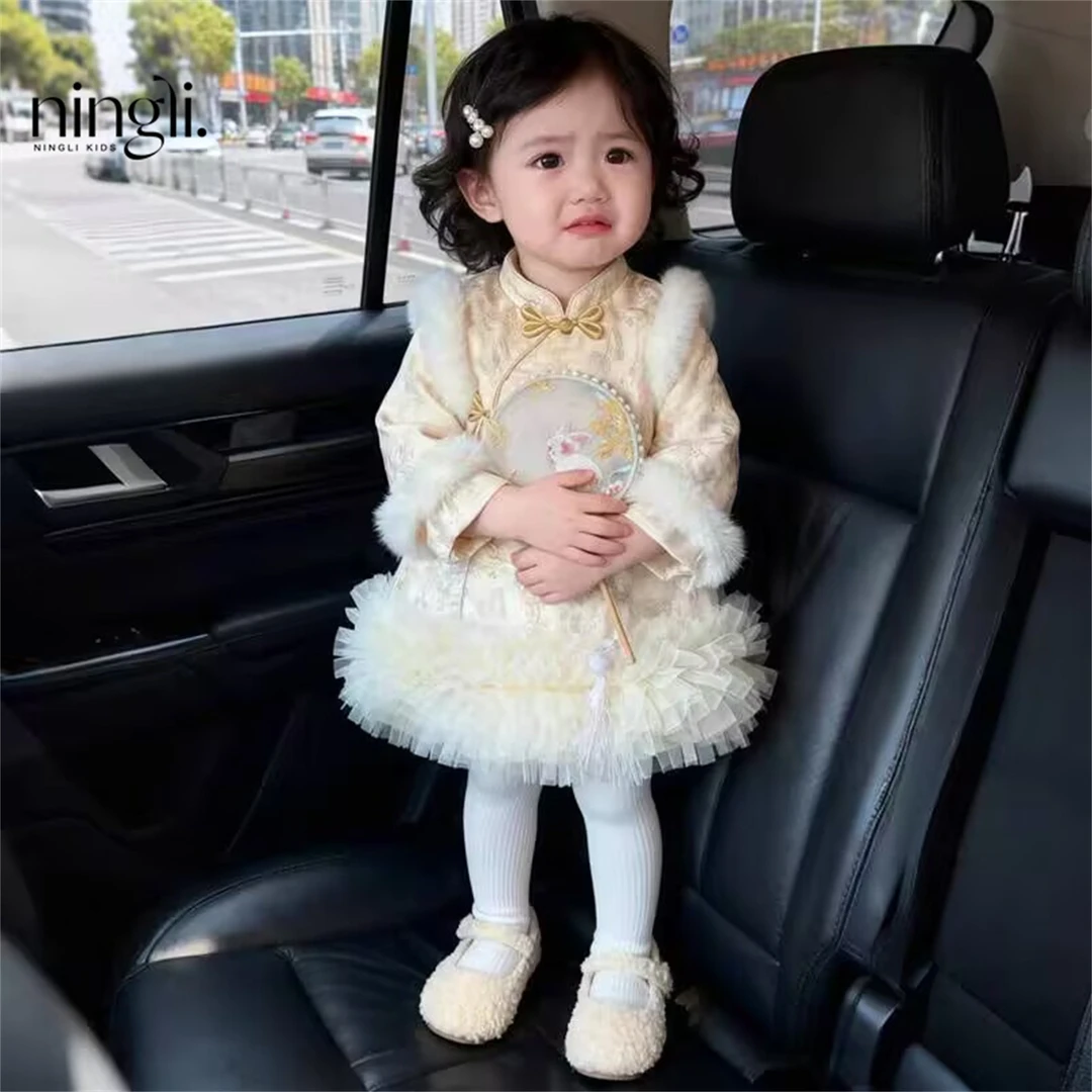 现货女童冬季唐装中国风旗袍裙特厚拜年服女宝周岁礼服汉服连衣裙
