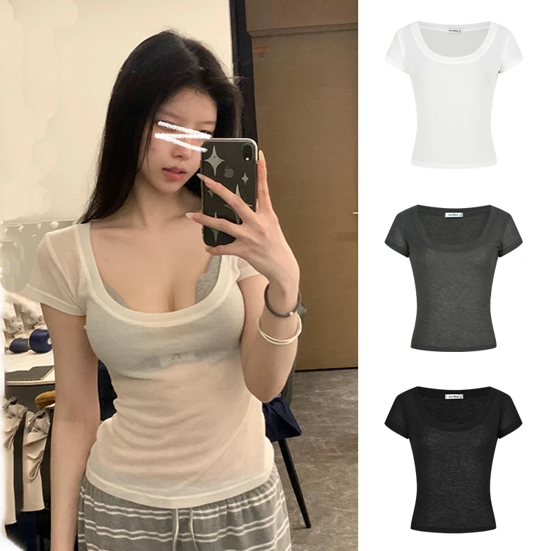 Moses Queen/魔西女王微透凉感纯欲防晒短袖T恤修身辣妹百搭上衣