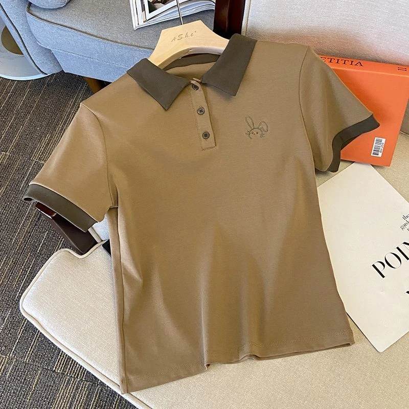 W2319 刺绣短袖T恤女夏新款正肩polo衫设计感小众短款翻领上衣