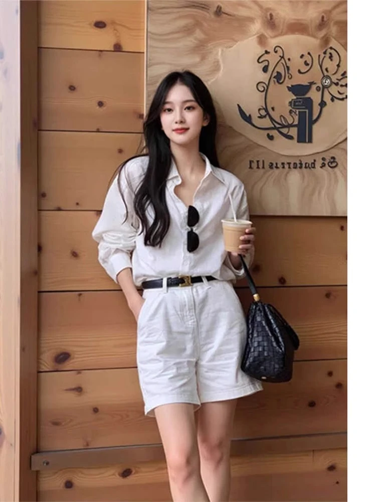 夏季韩系简约高级感老钱风衬衫套装女白色上衣短裤洋气减龄两件套