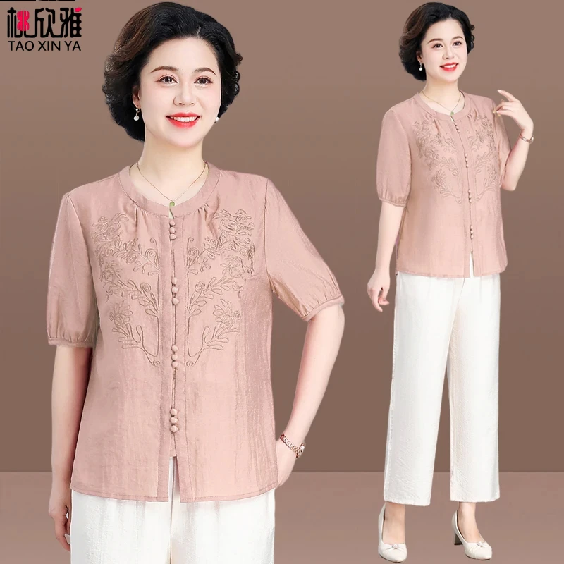 母亲节妈妈夏装套装洋气短袖上衣2025新款中老年女刺绣小衫两件套
