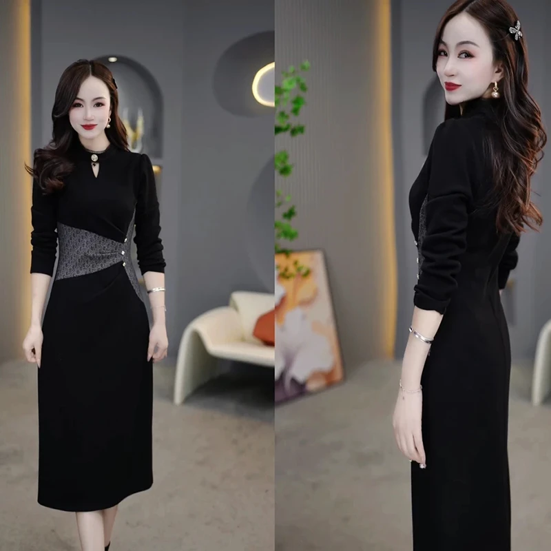 【沐紫】2025新款复古腰部拼接设计显瘦开叉中长款连衣裙D0162