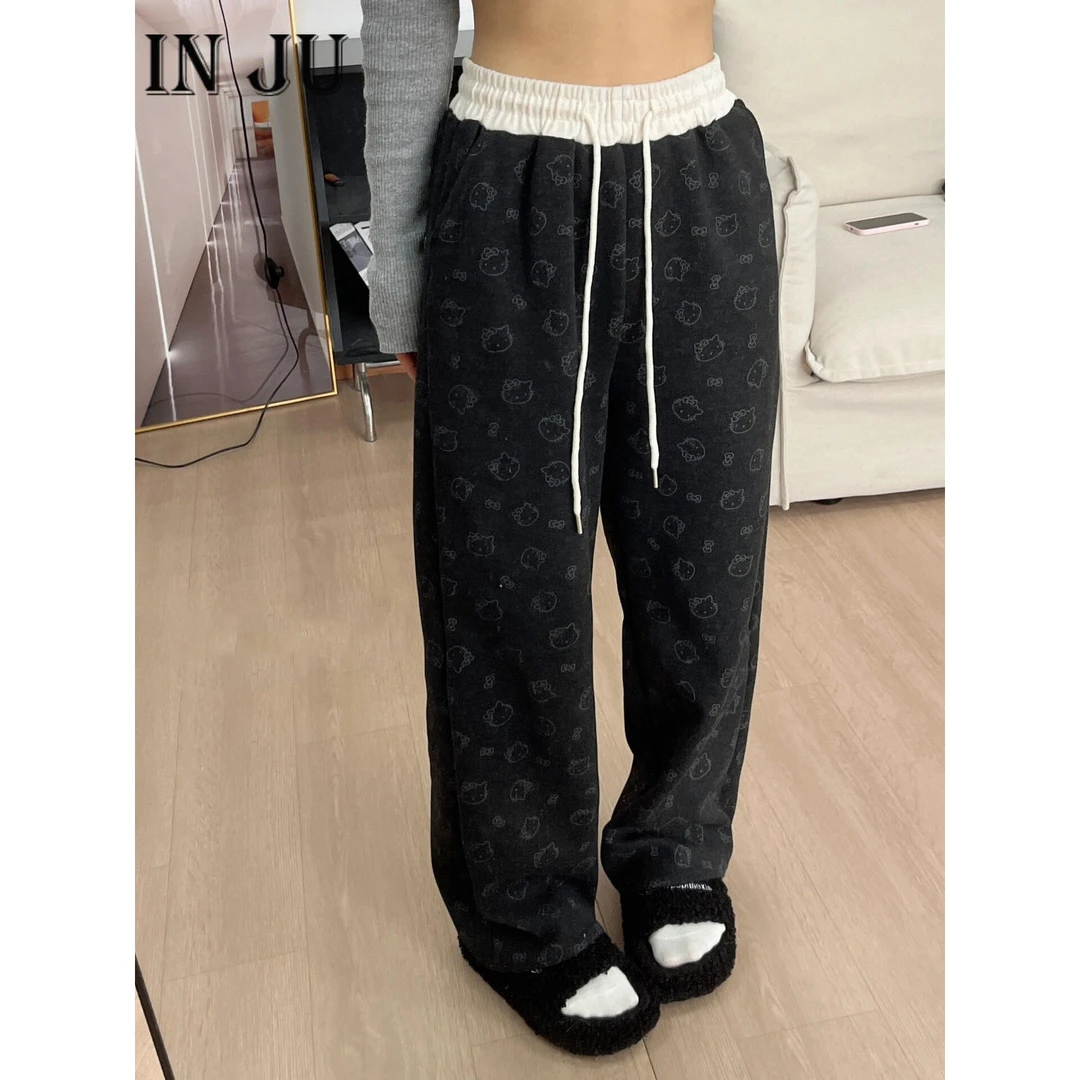 大码200斤休闲直筒小猫印花糥米裤女胖m春夏季新款垂感高腰阔腿裤