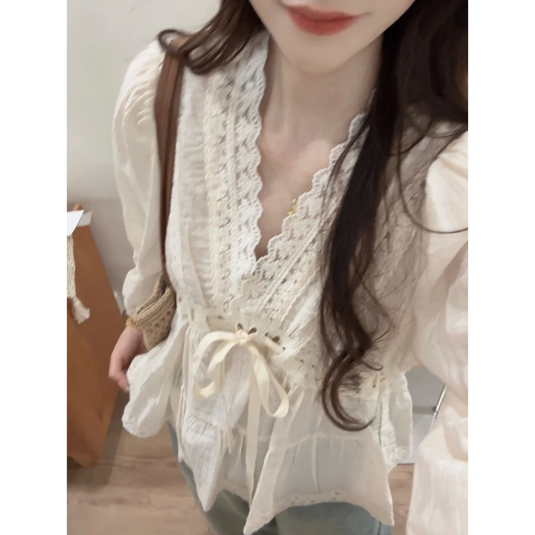 【五分糖】天丝衬衫女蕾丝显瘦v领绑带上衣