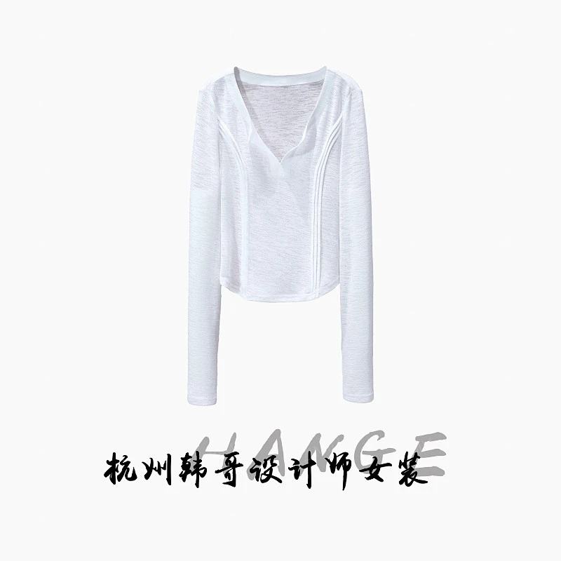 【韩哥女装】欧货设计师白色V领简约感爽肤衣长袖衫8169