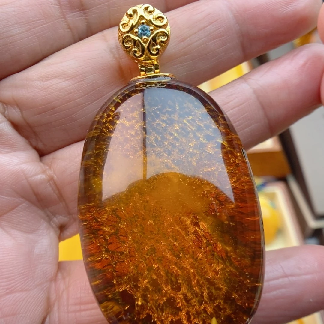 琥珀颈饰银S925镀金镶嵌