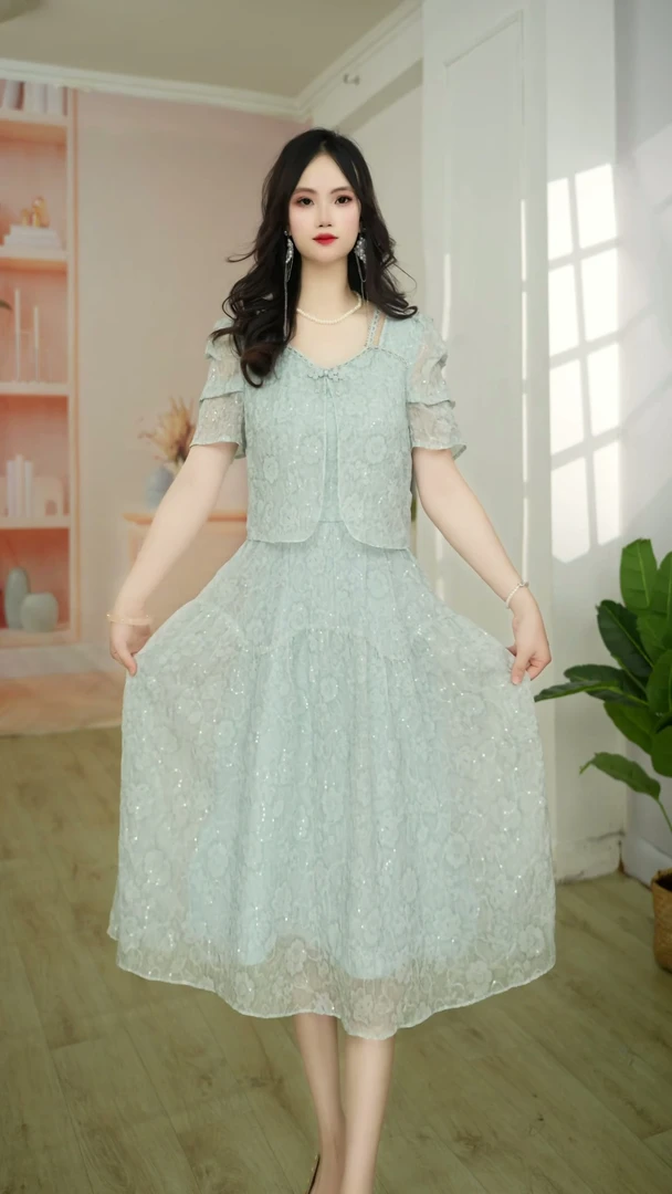 提花轻奢设计高级感气质显瘦时尚夏季中长款连衣裙0083