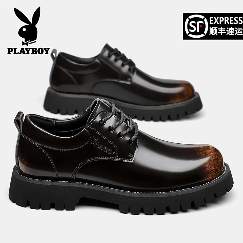 花花公子男鞋新款男士商务正装复古厚底工装潮流透气皮鞋7722