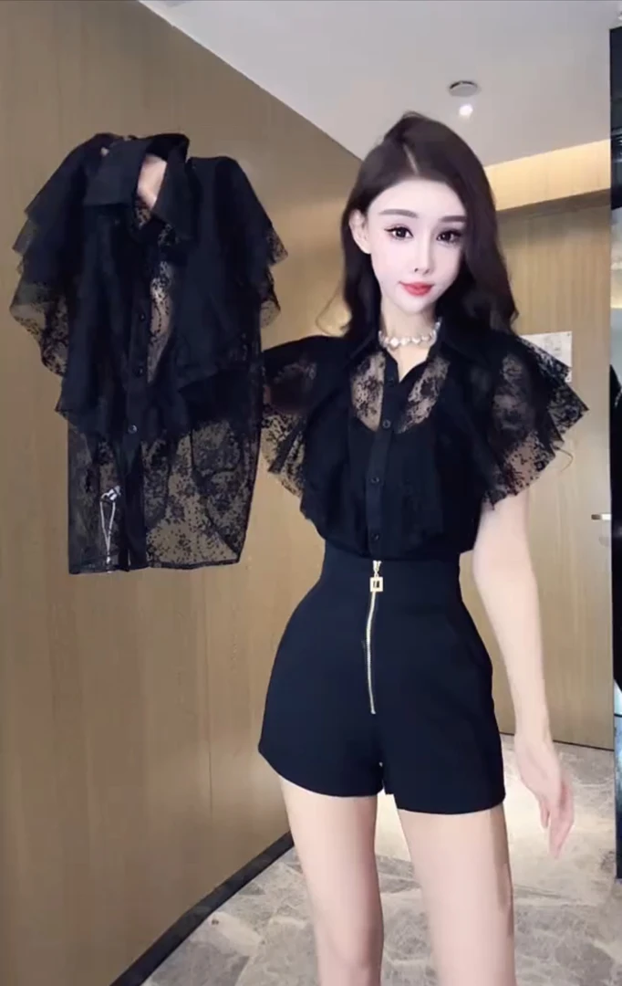 法式荷叶边飞飞袖翻领衬衫上衣女2025夏季新款宽松减龄气质蕾丝衫