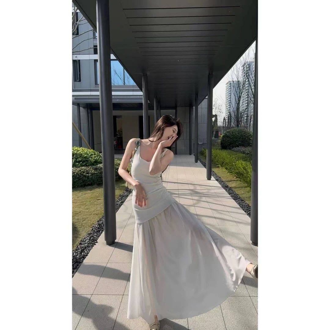 【十七专属】淡人收腰长裙仙女裙艺术系拼接网纱新疆棉针织吊带裙