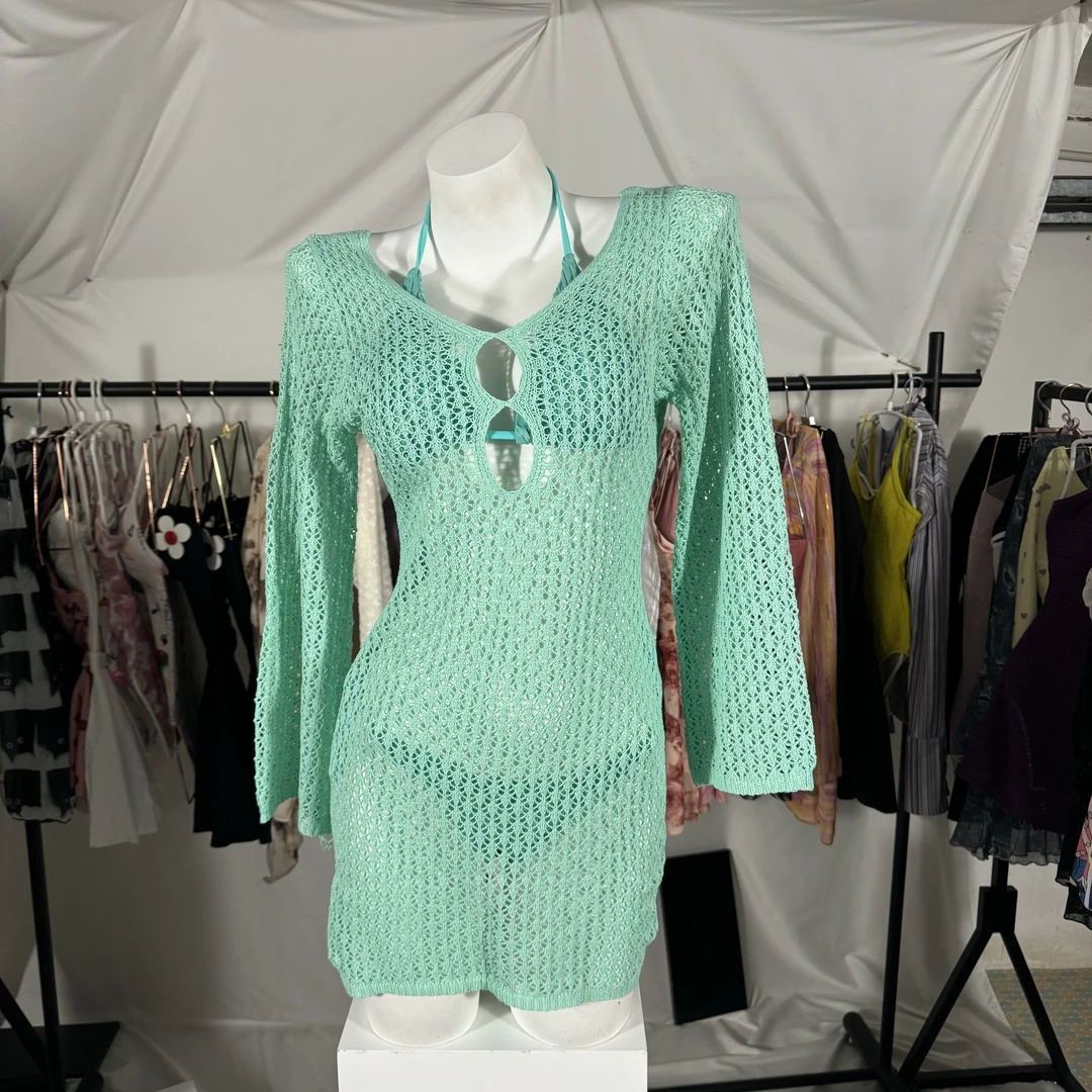 织女star泳衣绿色比基尼三件套加针织罩衫度假沙滩防晒遮肉显白