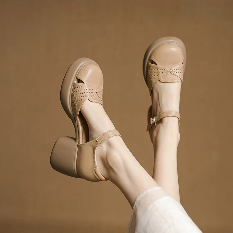 8CM~!小个子增高厚底包头凉鞋女夏真皮镂空粗跟一字带中空罗马鞋