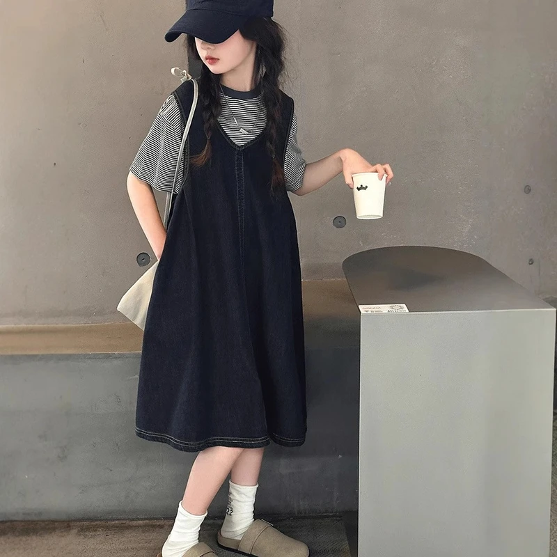 女童连衣裙夏季背带裙两件套薄款6-12岁15中大童牛仔裙套装洋气