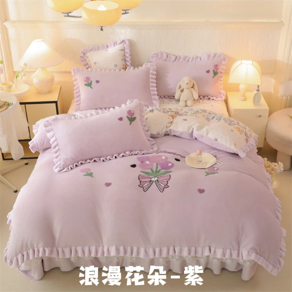 加厚牛奶绒毛巾绣床盖款四件套-浪漫花朵-紫