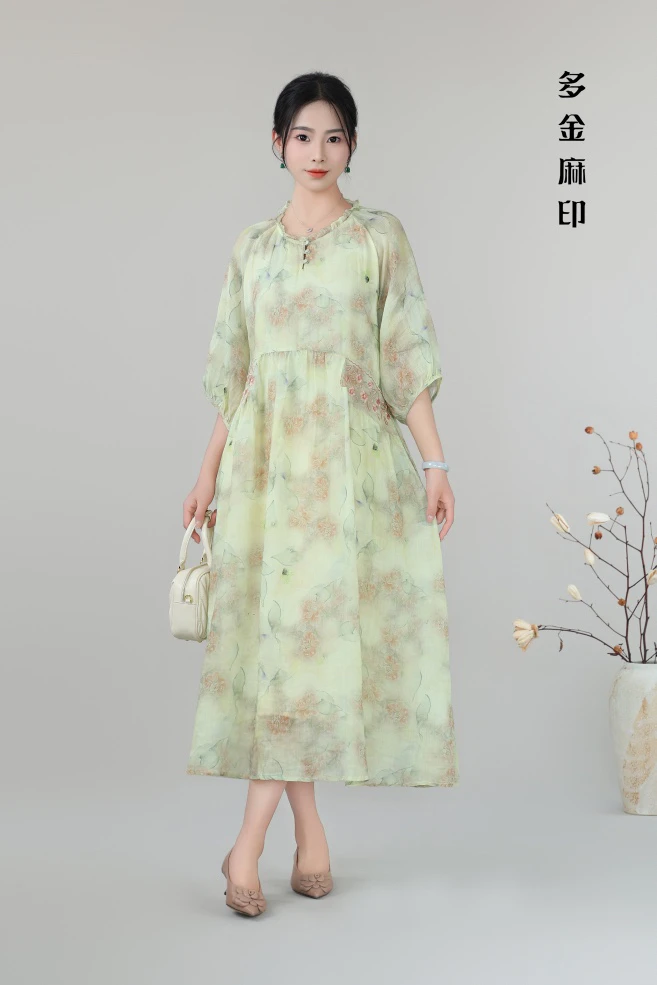 多金麻印夏季新款时尚气质显瘦宽松中长款收腰修身连衣裙2610