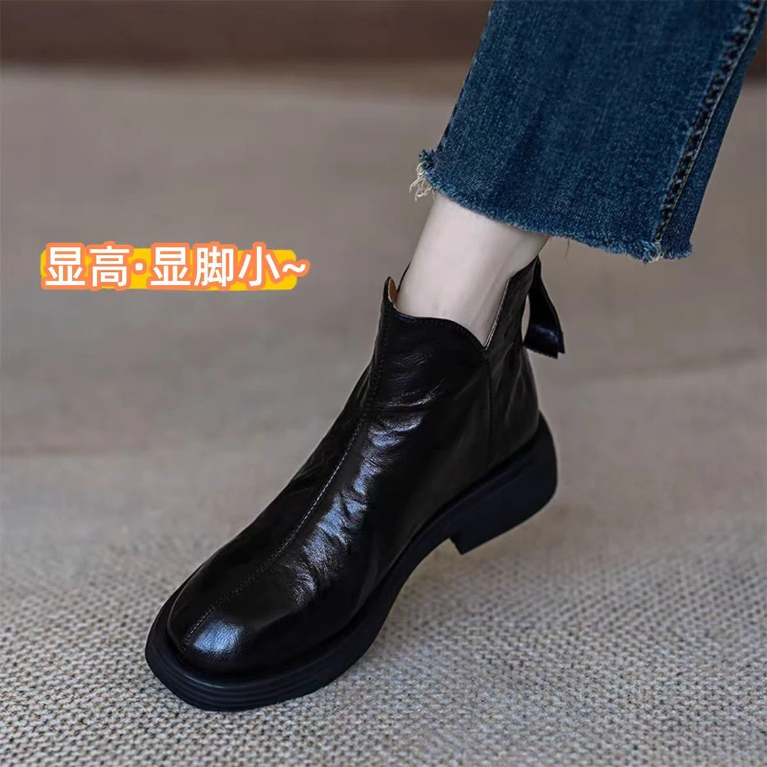羊皮2025年新款单靴秋冬新款显瘦复古风粗跟短靴圆头短筒及真皮