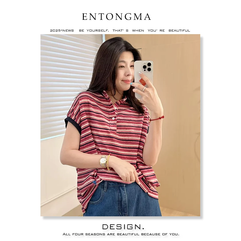 ENMA条纹POLO领T恤短袖休闲撞色条纹日常半袖