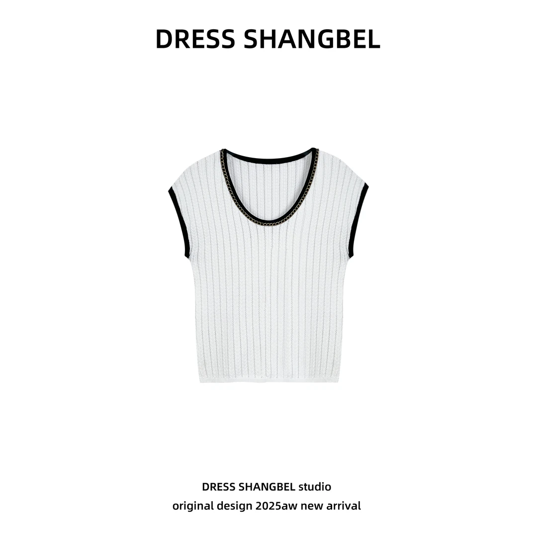 DRESS-夏新款款C撞色链条U型领镂空T恤薄款条纹飞袖8741