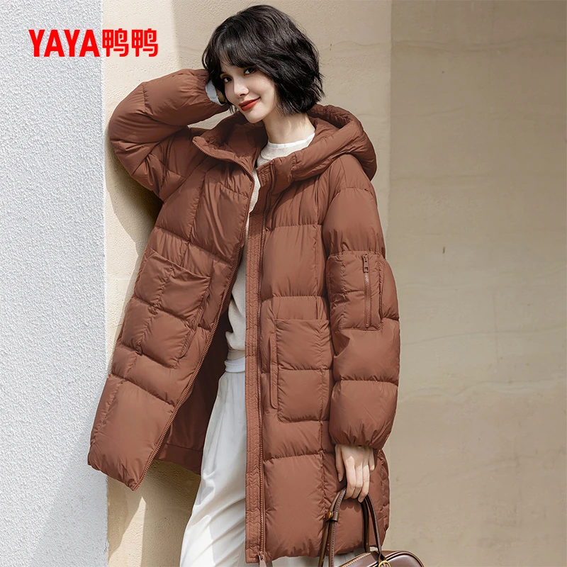 YAYA/鸭鸭中长款羽绒服女2024年冬季新款时尚潮流百搭连帽外套女