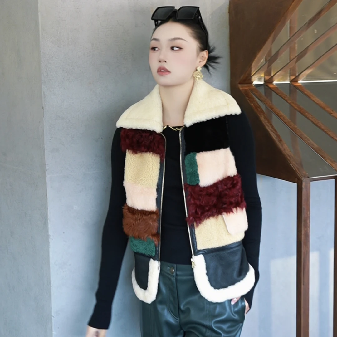 limil/丽米儿拼接羊毛皮草马甲9400032