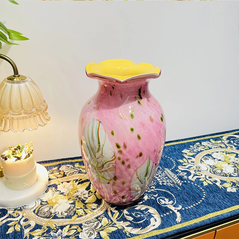 手工琉璃粉色花瓶家居摆件干花插花可水培养花瓶轻奢家用工艺品