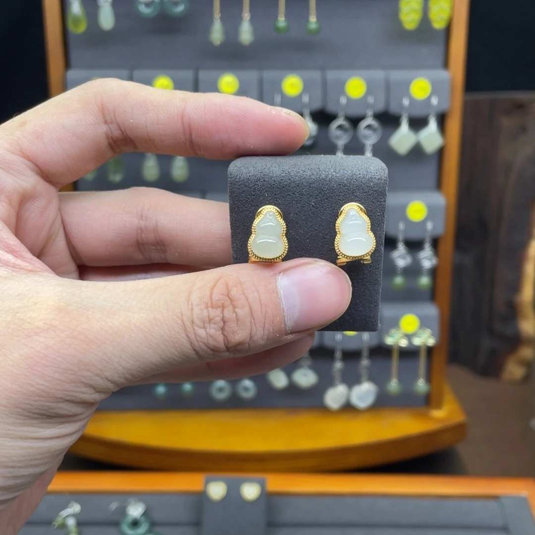 和田玉银S925镀金镶嵌耳饰