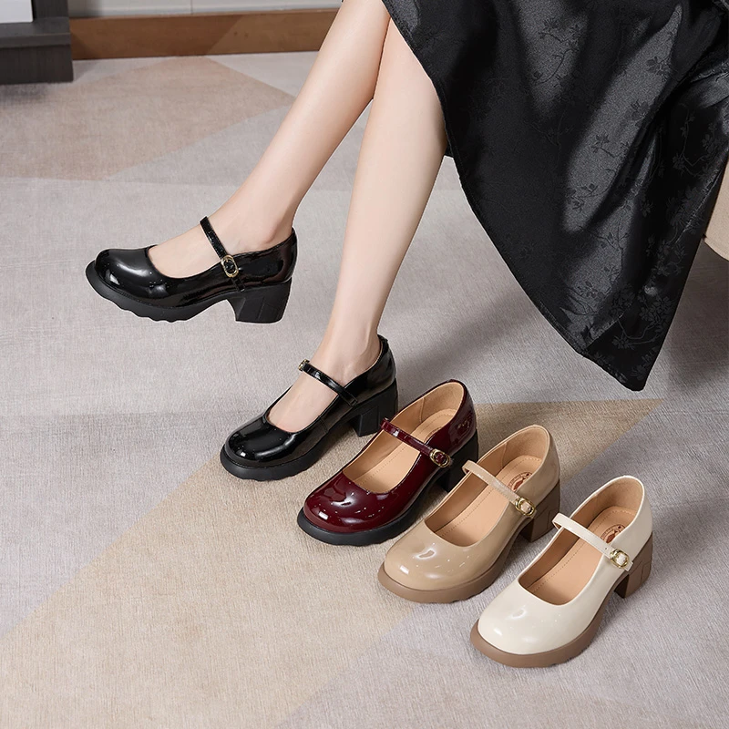 昔子3318新款玛丽珍单鞋低帮鞋浅口高跟粗跟法式厚底中跟圆头春秋
