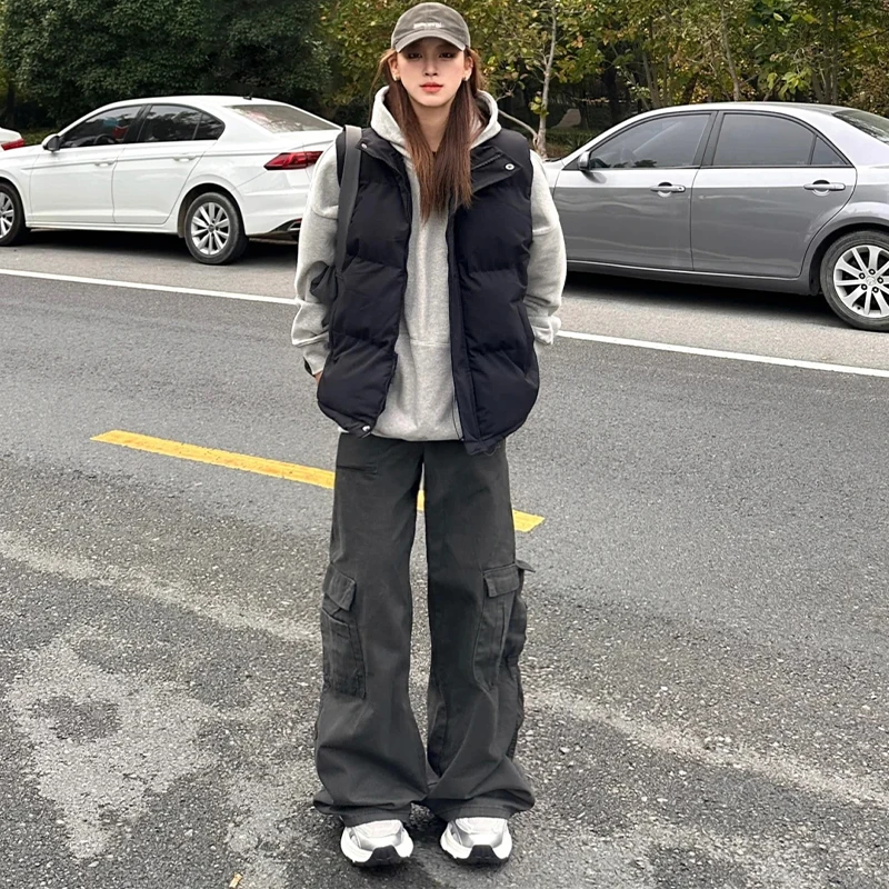 美式潮牌基础款纯色立领马甲外套男款秋冬季宽松加厚款面包服外套