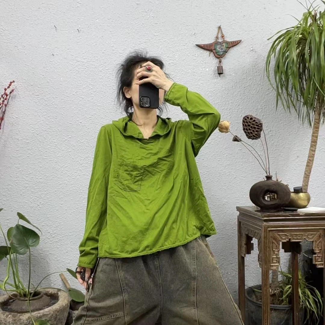 9367棉质左胸拼口袋不封边帽衫上衣（长60胸围122