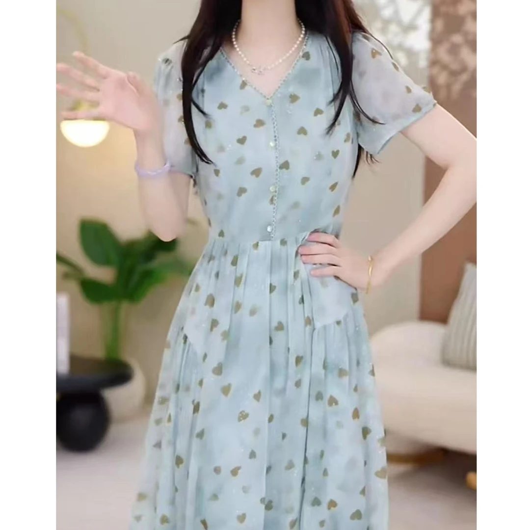 5345#单层优雅气质淡雅礼服裙2025夏季新款显瘦中长款碎花连衣裙