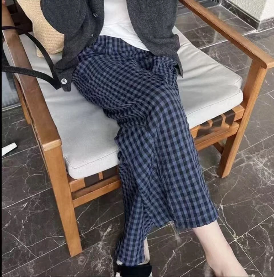【大码格子裤】春夏棉混纺百搭大码透气薄款格子裤宽松显瘦格子裤女