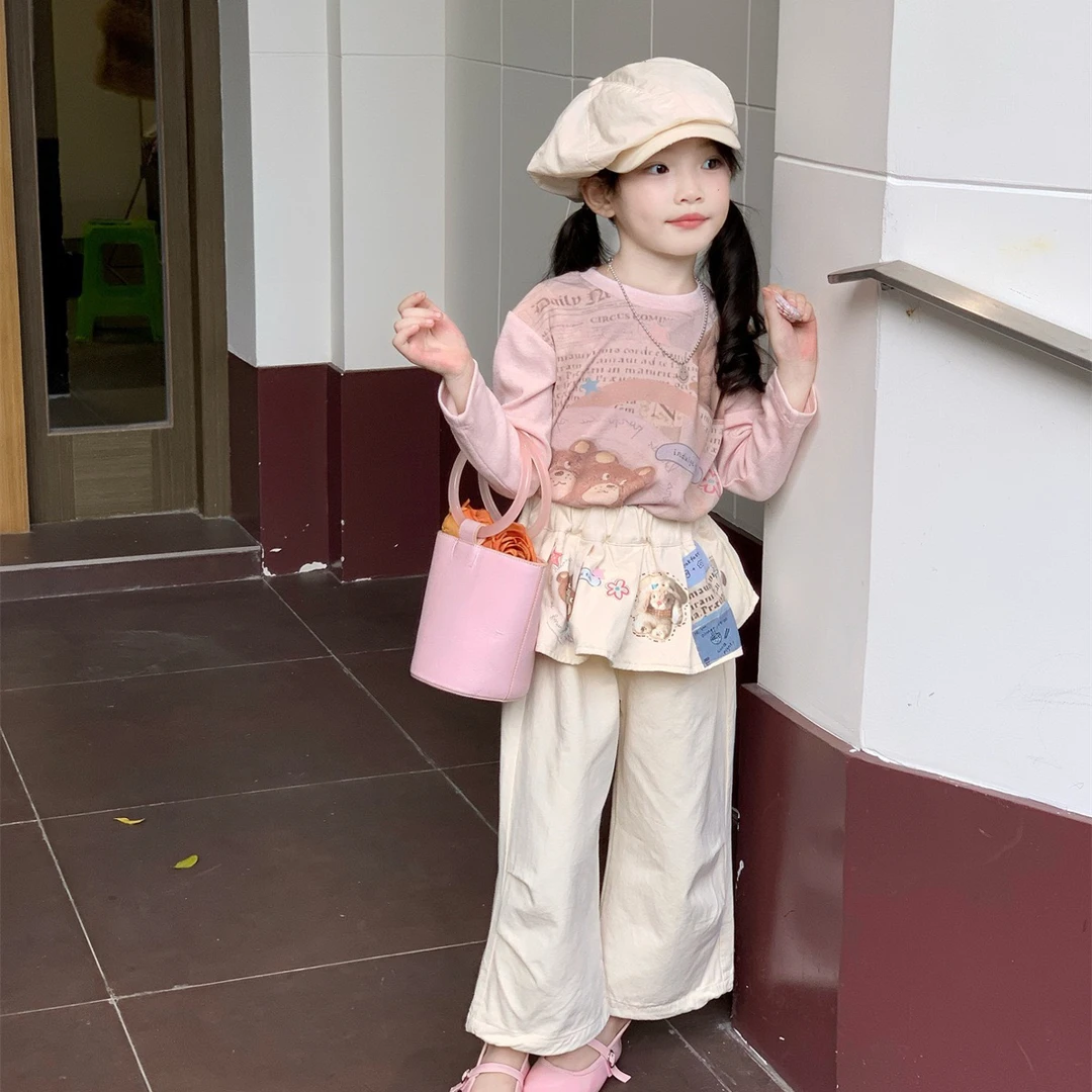 小言-2025秋季新款女童洋气小熊打底衫+卡通休闲裤两件套儿童套装