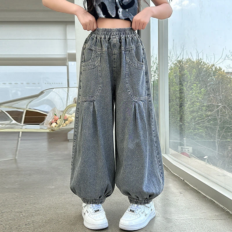 女童牛仔裤薄款女孩2025夏季新款宽松百搭哈伦裤大童灯笼裤9-13岁